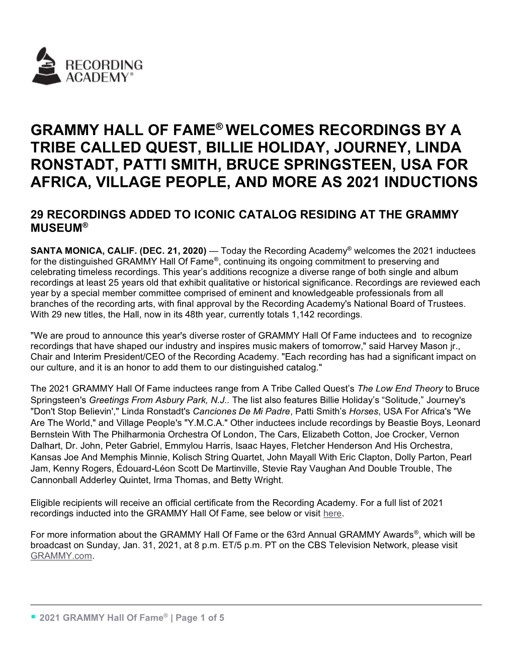 Grammy Hall of Fame® Welcomes Recordings by A