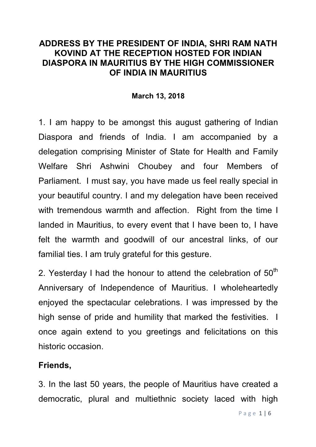 Address by the President of India, Shri Ram Nath Kovind at the Reception Hosted for Indian Diaspora in Mauritius by the High Commissioner of India in Mauritius