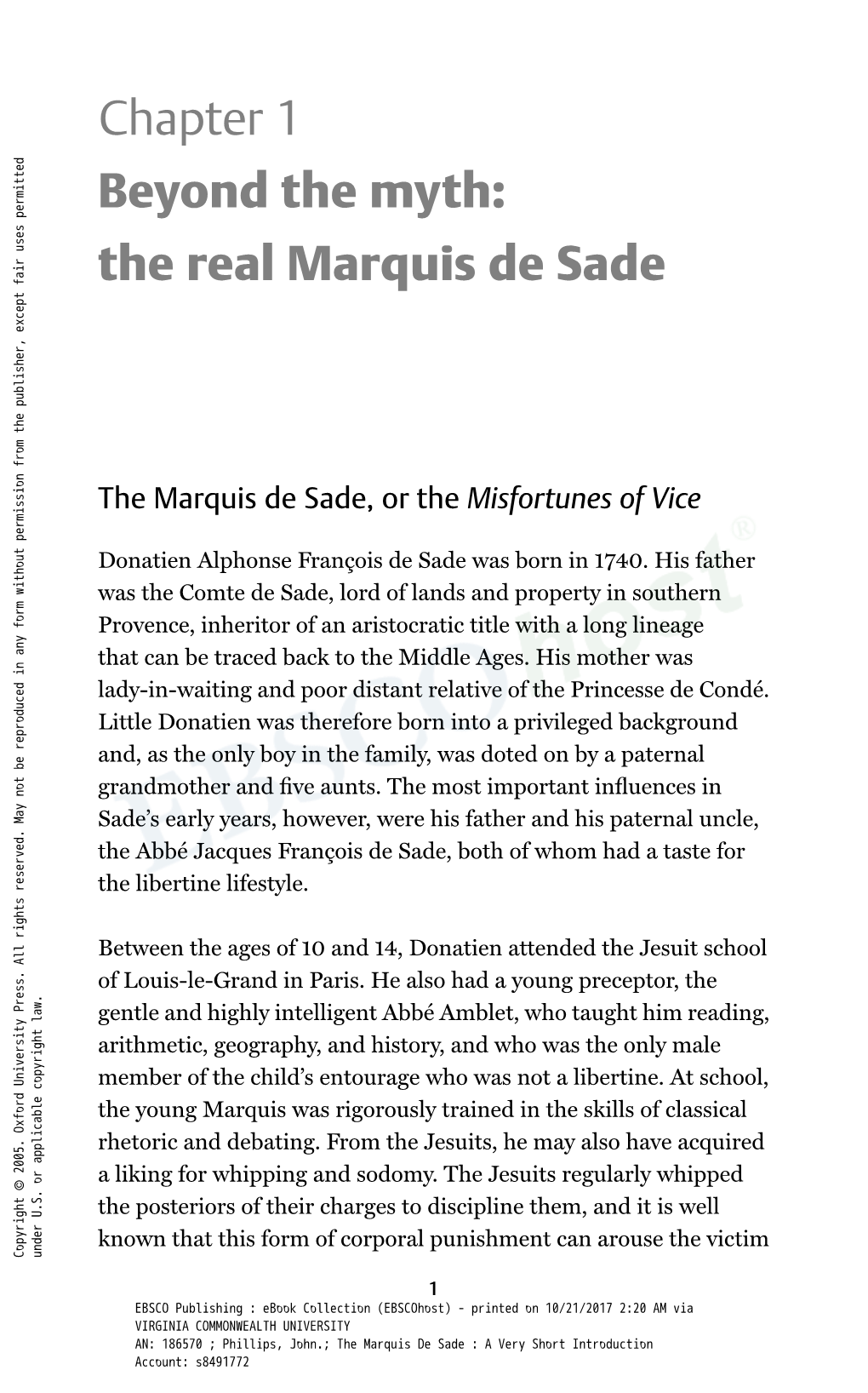 Chapter 1 Beyond the Myth: the Real Marquis De Sade