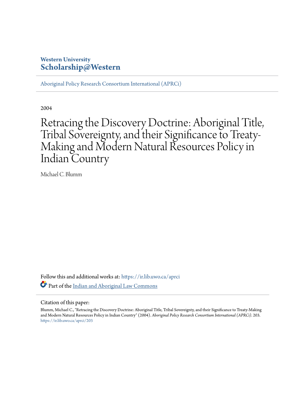 Retracing the Discovery Doctrine: Aboriginal Title, Tribal Sovereignty