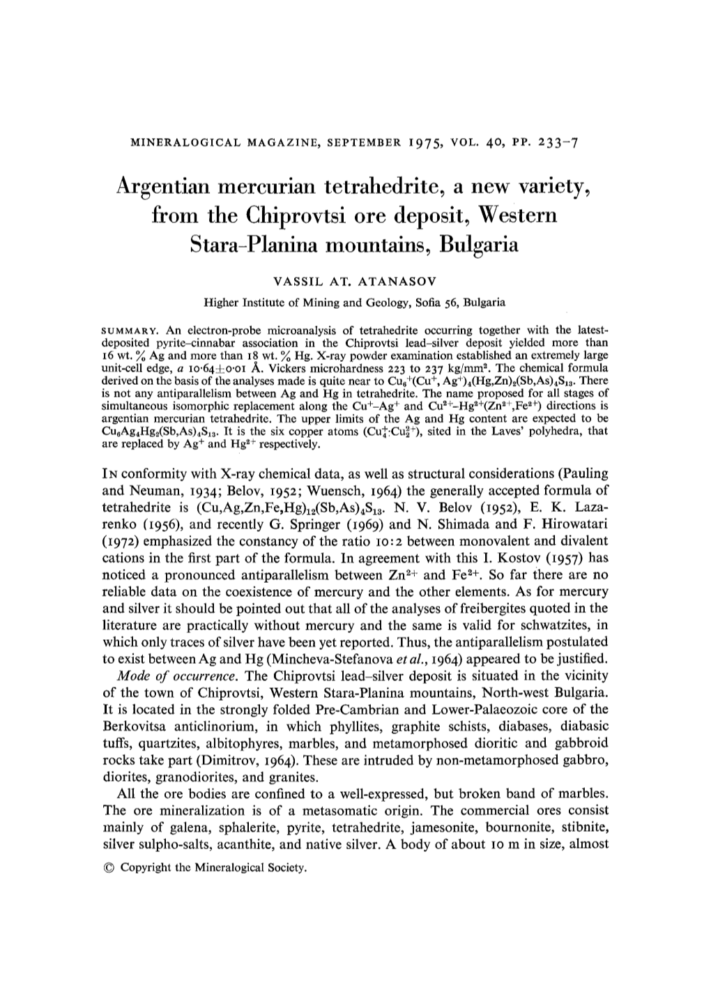 Argentian Mercurian Tetrahedrite, a New Variety, from the Chiprovtsi Ore Deposit, Western Stara-Planina Mountains, Bulgaria