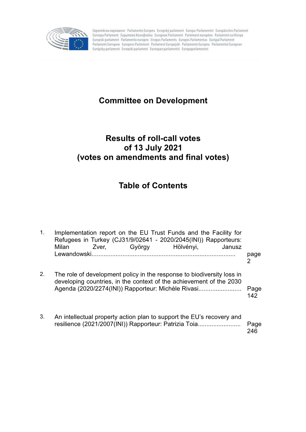 Committee on Development Results of Roll-Call Votes of 13 July 2021