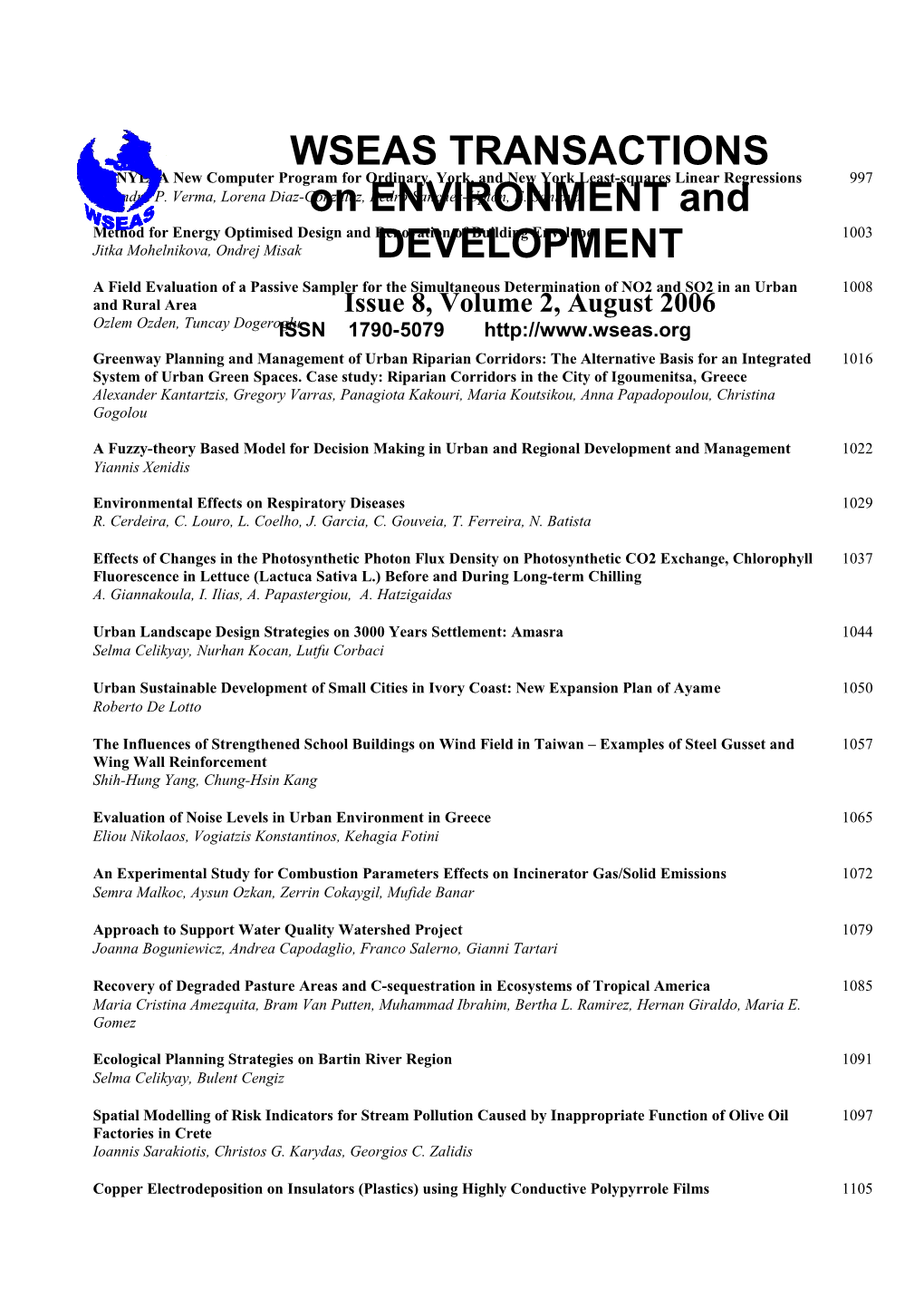 WSEAS TRANSACTIONS on ENVIRONMENT and DEVELOPMENT, August 2006