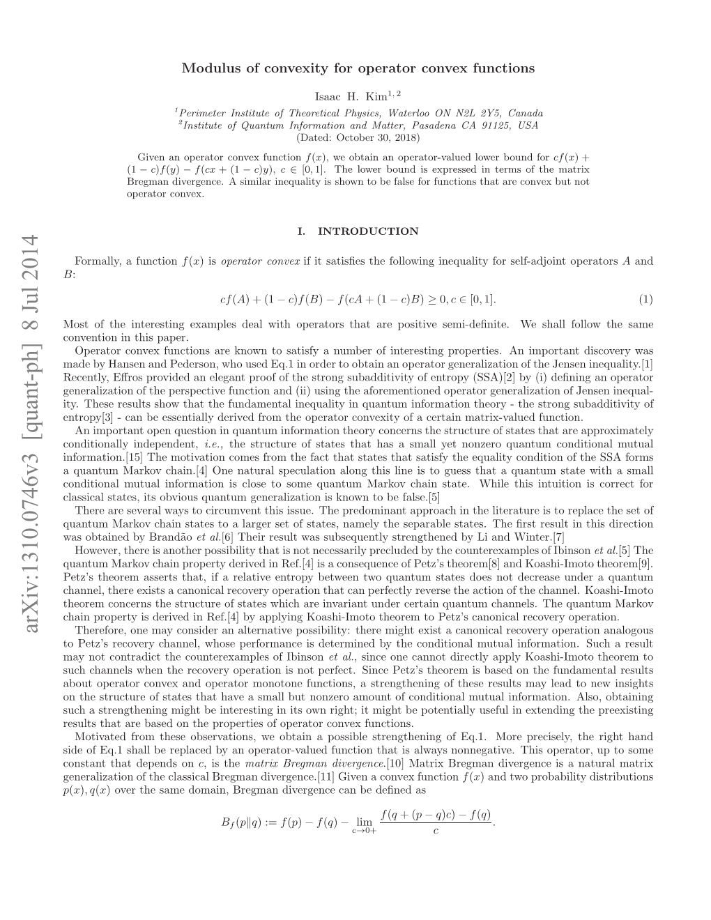 Modulus of Convexity for Operator Convex Functions, Which Can Be Expressed in Terms of the Matrix Bregman Divergence