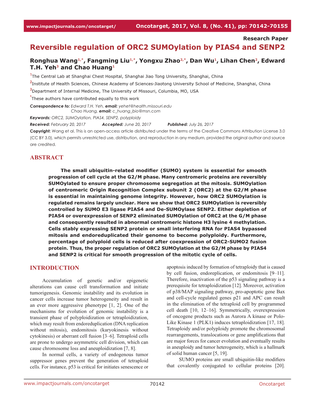 Reversible Regulation of ORC2 Sumoylation by PIAS4 and SENP2