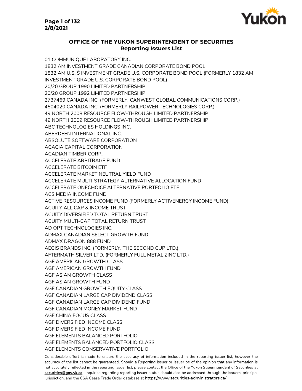 Yukon Reporting Issuer List