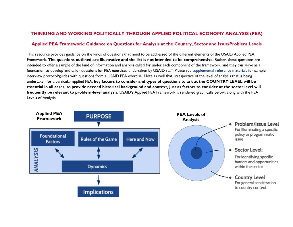 Applied PEA Framework: Guidance on Questions for Analysis at the Country, Sector and Issue/Problem Levels