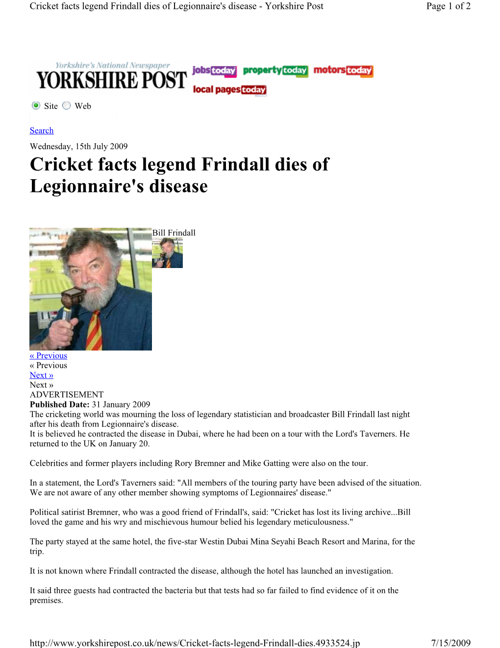 Cricket Facts Legend Frindall Dies of Legionnaire's Disease - Yorkshire Post Page 1 of 2