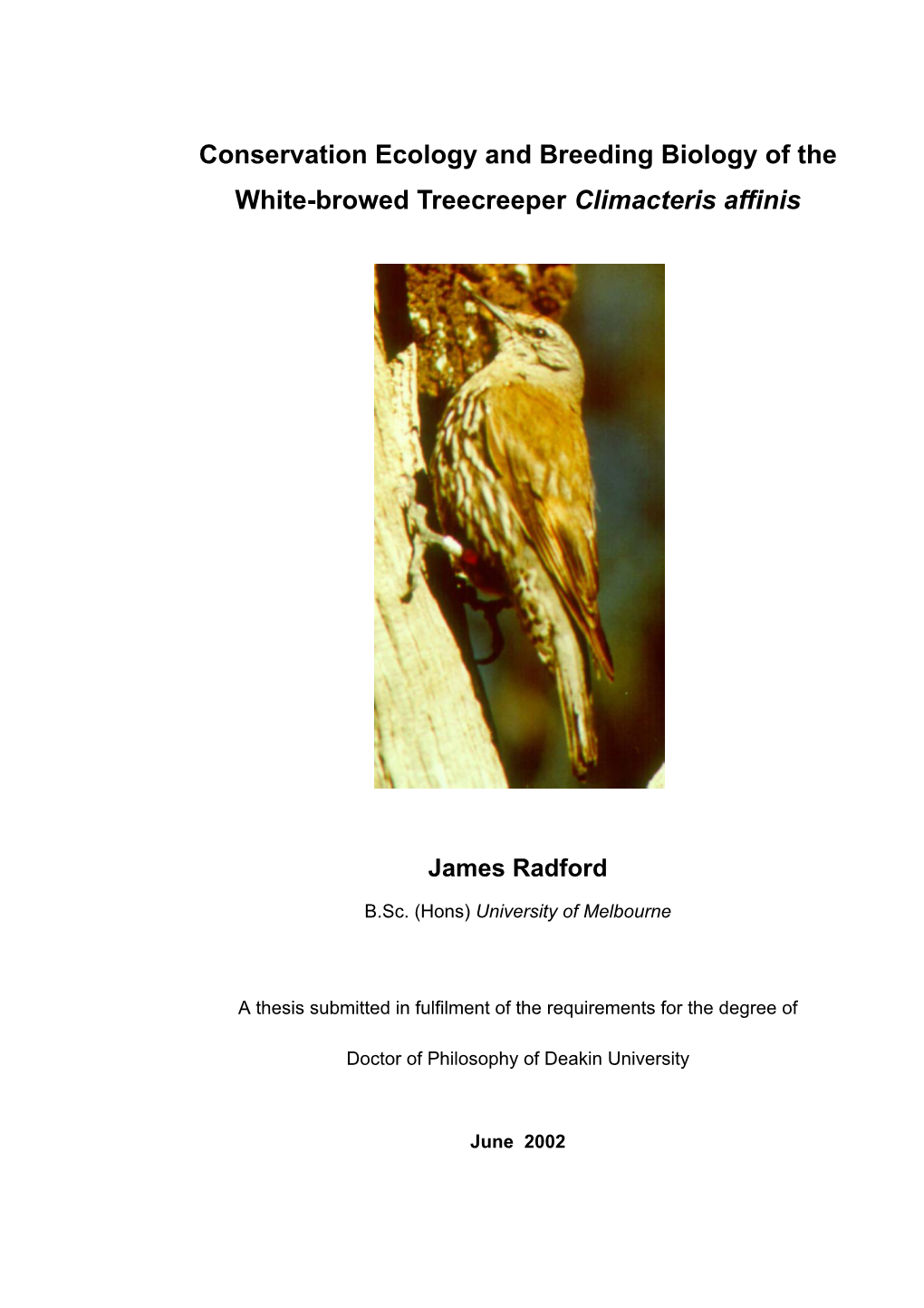 Conservation Ecology and Breeding Biology of the White-Browed Treecreeper Climacteris Affinis