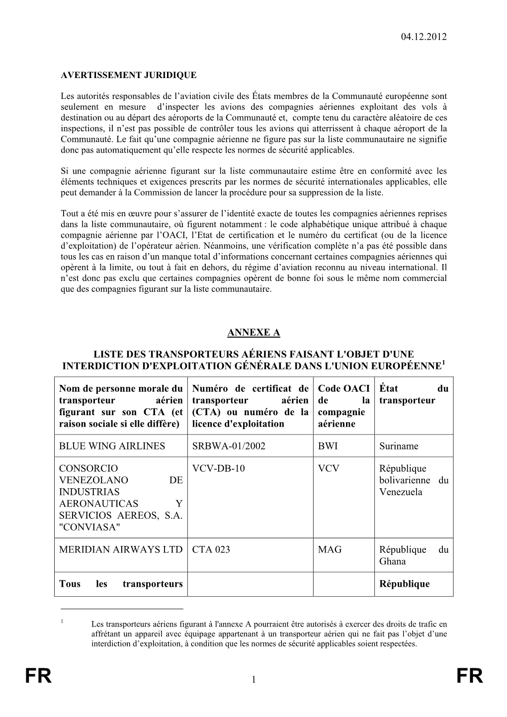 04.12.2012 1 Annexe a Liste Des Transporteurs Aériens Faisant L'objet D'une Interdiction D'exploitation Générale Dans L'union