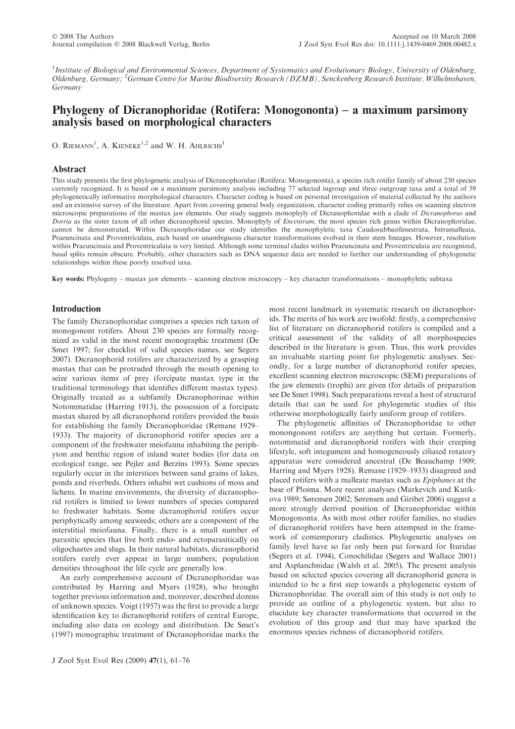 Phylogeny of Dicranophoridae (Rotifera: Monogononta) – a Maximum Parsimony Analysis Based on Morphological Characters