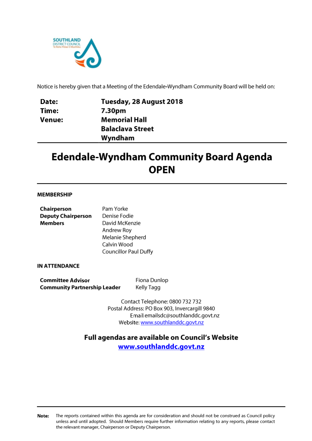 Agenda of Edendale-Wyndham Community Board