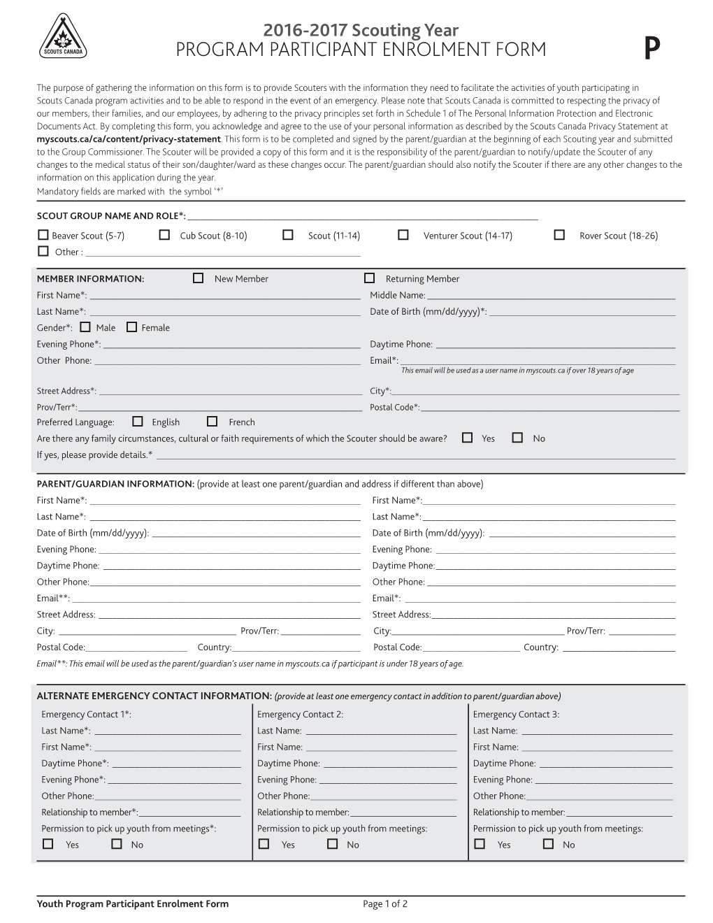 Program Participant Enrolment Form P