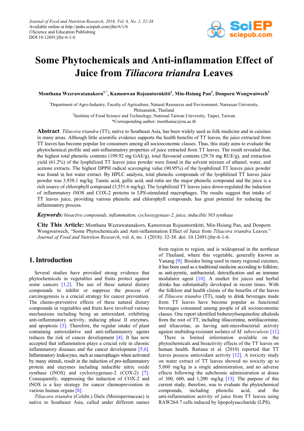 Some Phytochemicals and Anti-Inflammation Effect of Juice from Tiliacora Triandra Leaves