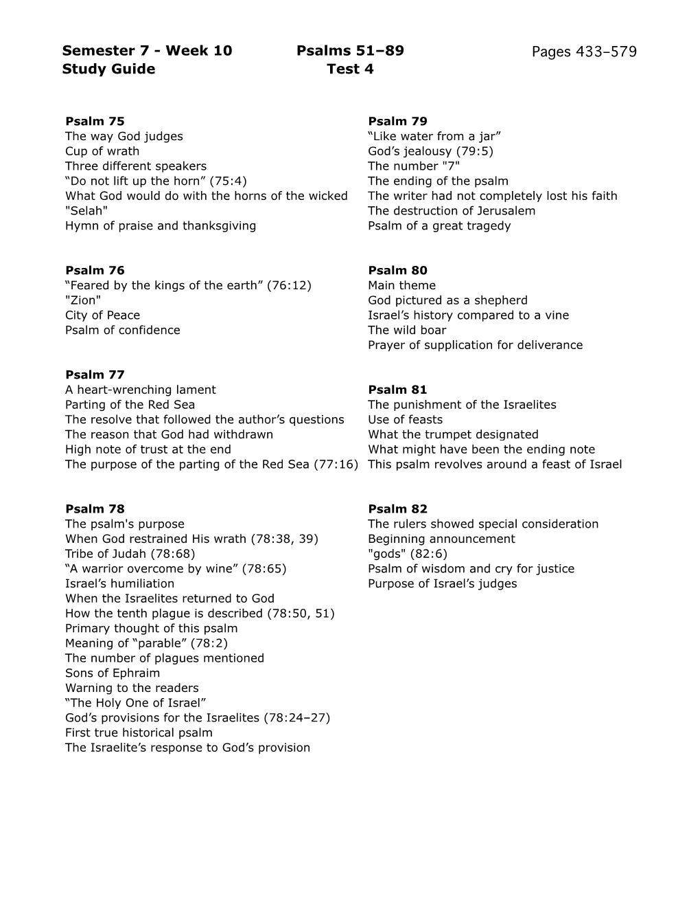 Week 10 Study Guide Psalms 51–89 Test 4 Pages 433–579