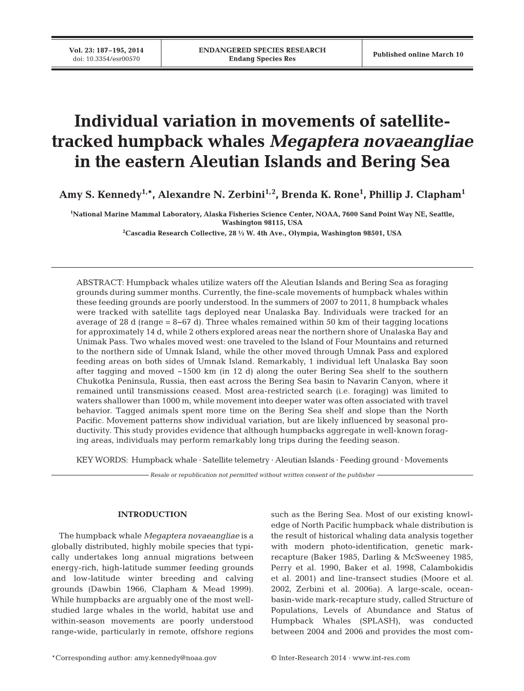 Individual Variation in Movements of Satellite- Tracked Humpback Whales Megaptera Novaeangliae in the Eastern Aleutian Islands and Bering Sea