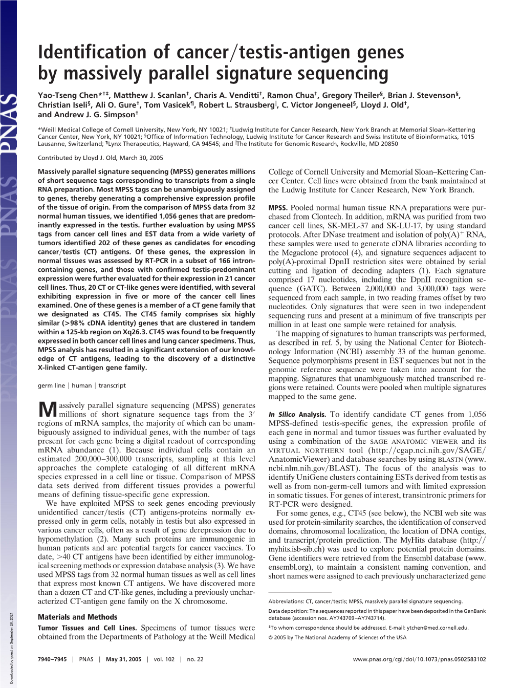 Identification of Cancer Testis-Antigen Genes by Massively Parallel