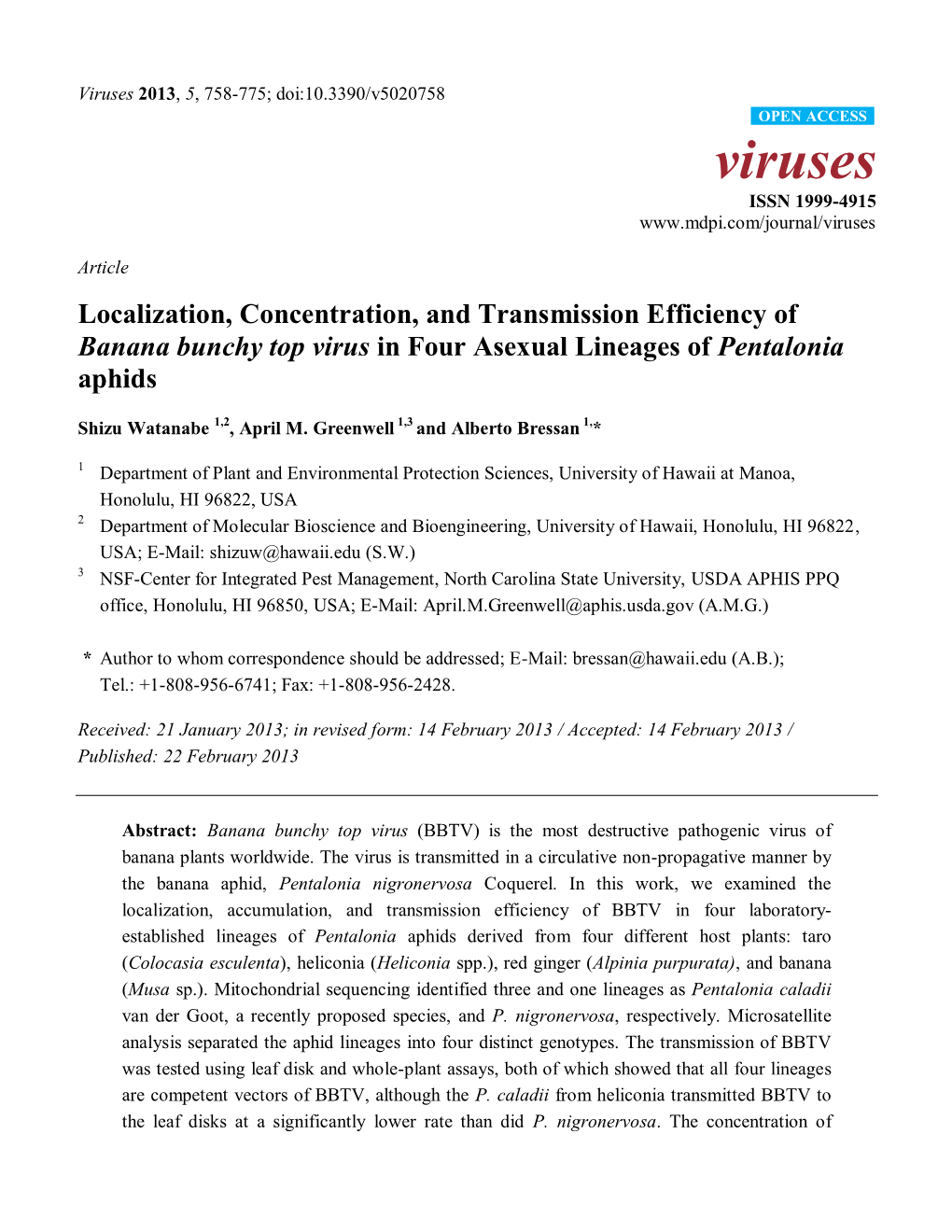 Localization, Concentration, and Transmission Efficiency of Banana Bunchy Top Virus in Four Asexual Lineages of Pentalonia Aphids