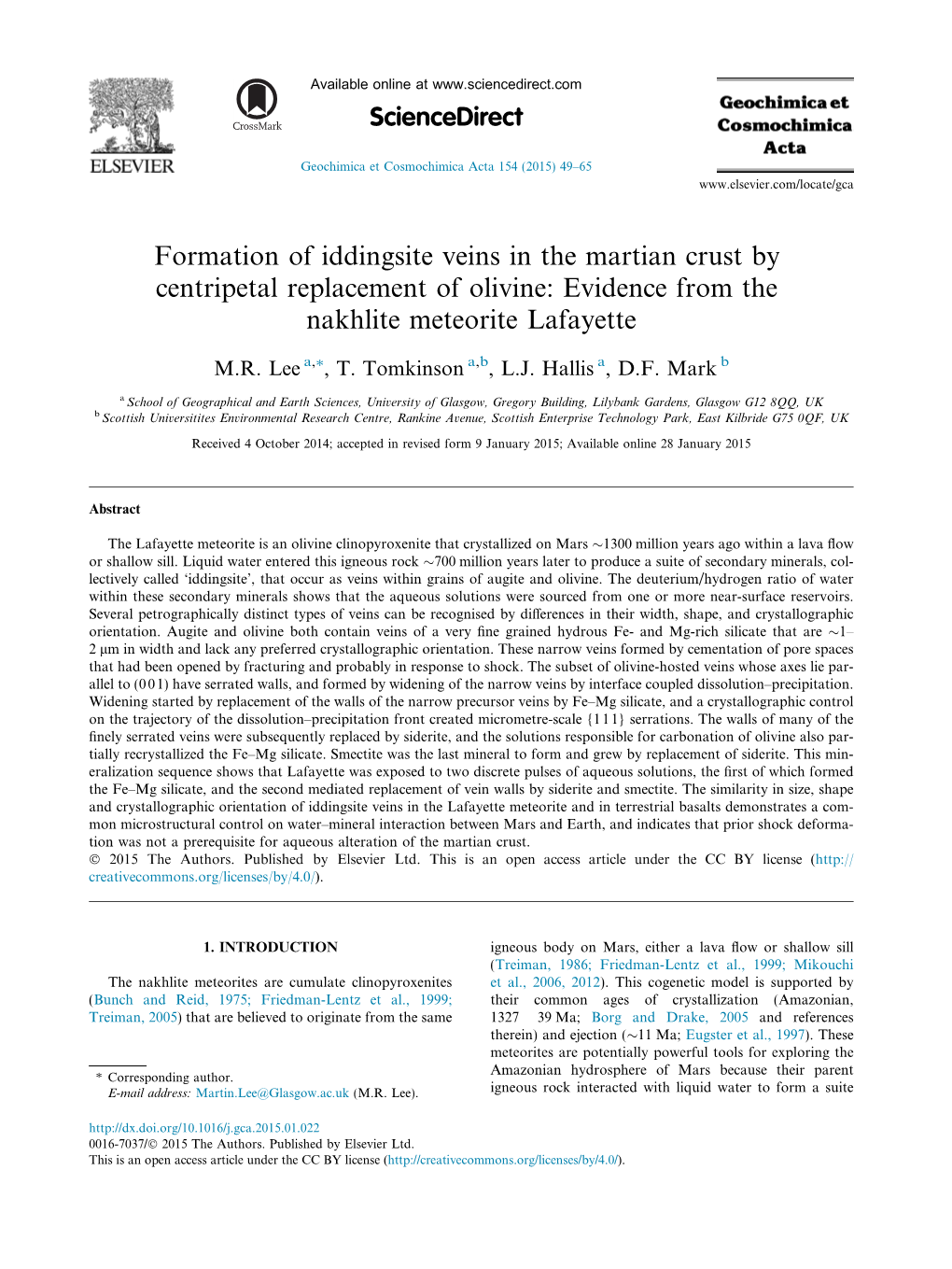 Formation of Iddingsite Veins in the Martian Crust by Centripetal Replacement of Olivine: Evidence from the Nakhlite Meteorite Lafayette