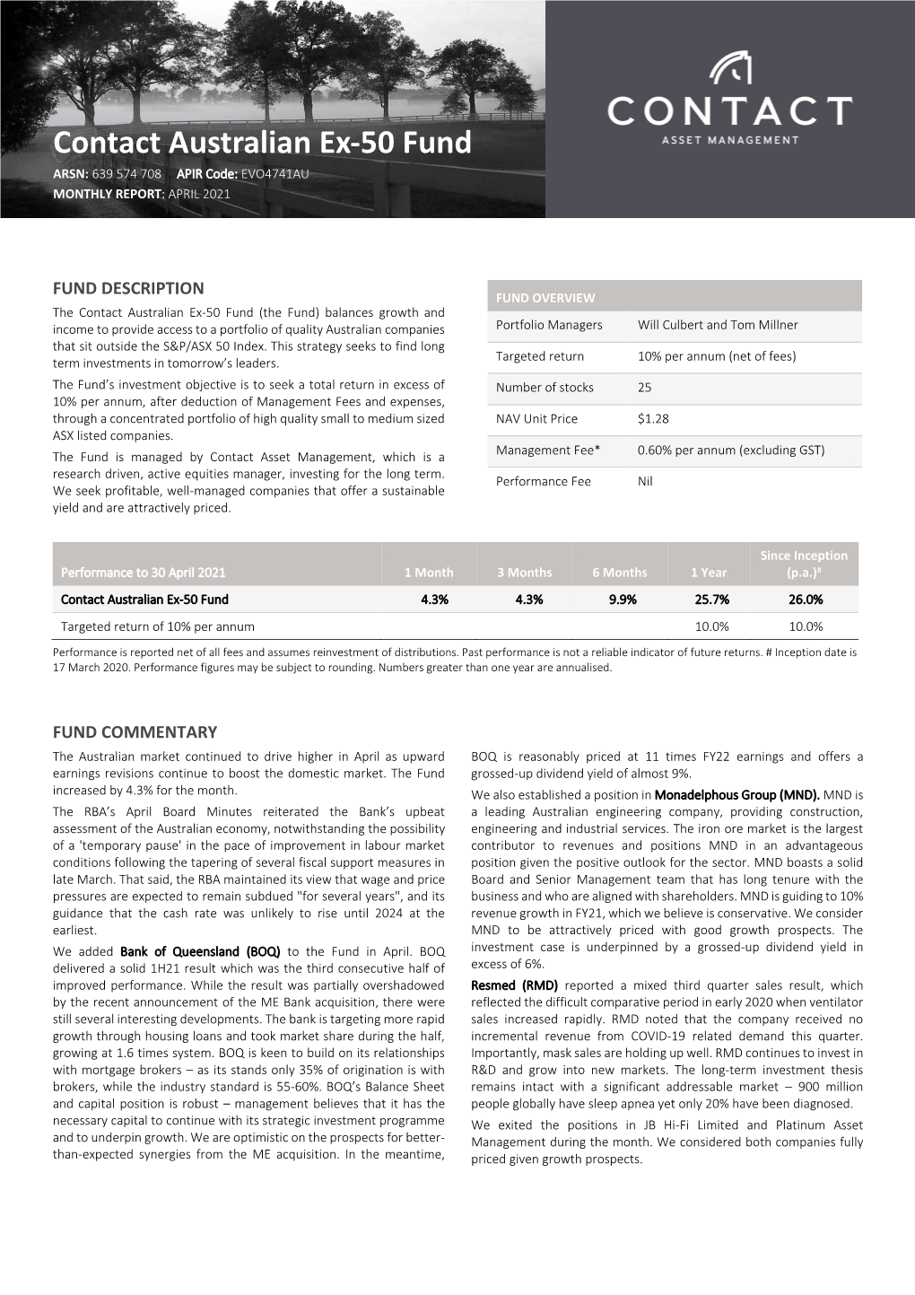 Contact Australian Ex-50 Fund Monthly Report (April 2021)