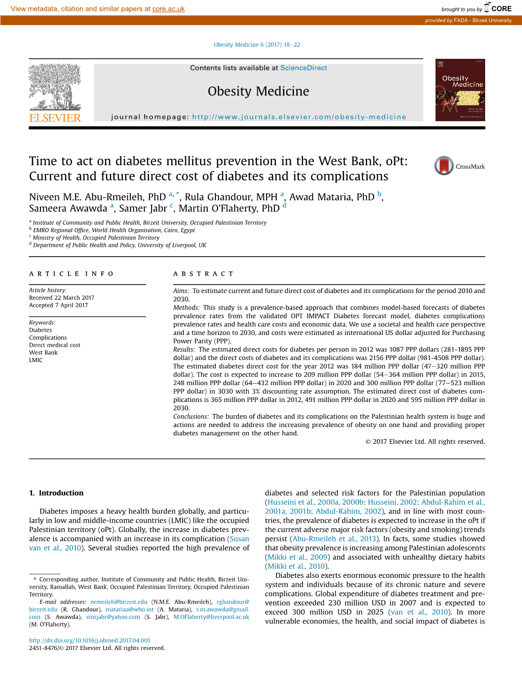 Time to Act on Diabetes Mellitus Prevention in the West Bank, Opt: Current and Future Direct Cost of Diabetes and Its Complications