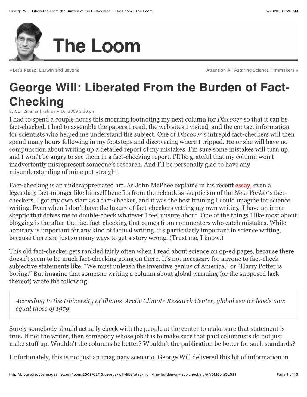 George Will: Liberated from the Burden of Fact-Checking - the Loom : the Loom 5/23/16, 10:26 AM