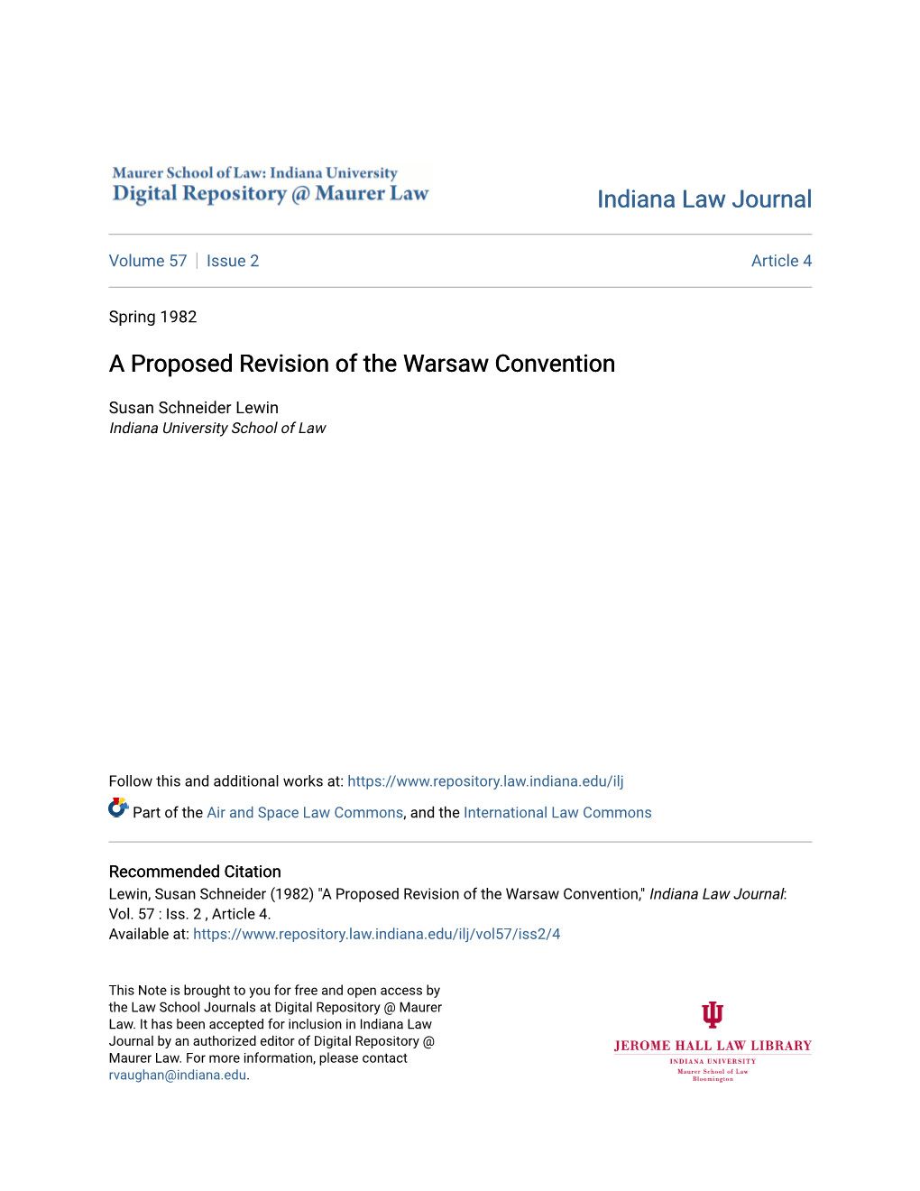 A Proposed Revision of the Warsaw Convention