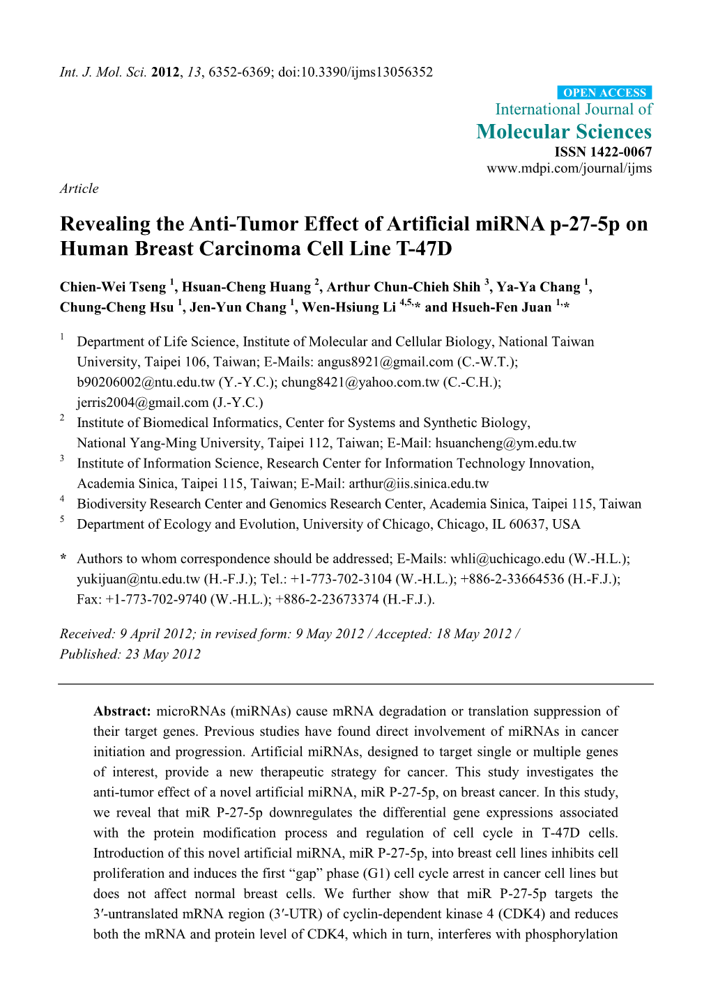 Revealing the Anti-Tumor Effect of Artificial Mirna P-27-5P on Human Breast Carcinoma Cell Line T-47D