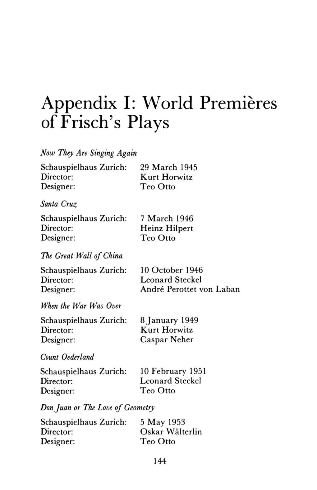 Appendix 1: World Premieres of Frisch's Plays