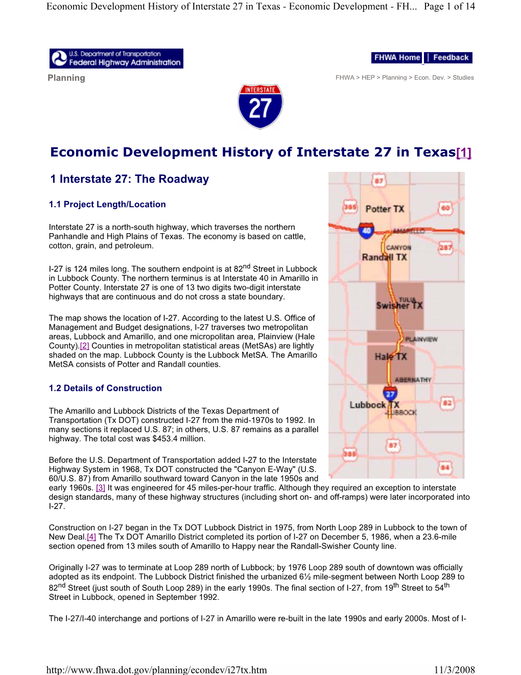 Economic Development History of Interstate 27 in Texas[1]