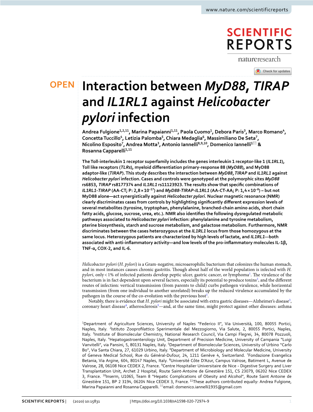 Interaction Between Myd88, TIRAP and IL1RL1 Against Helicobacter