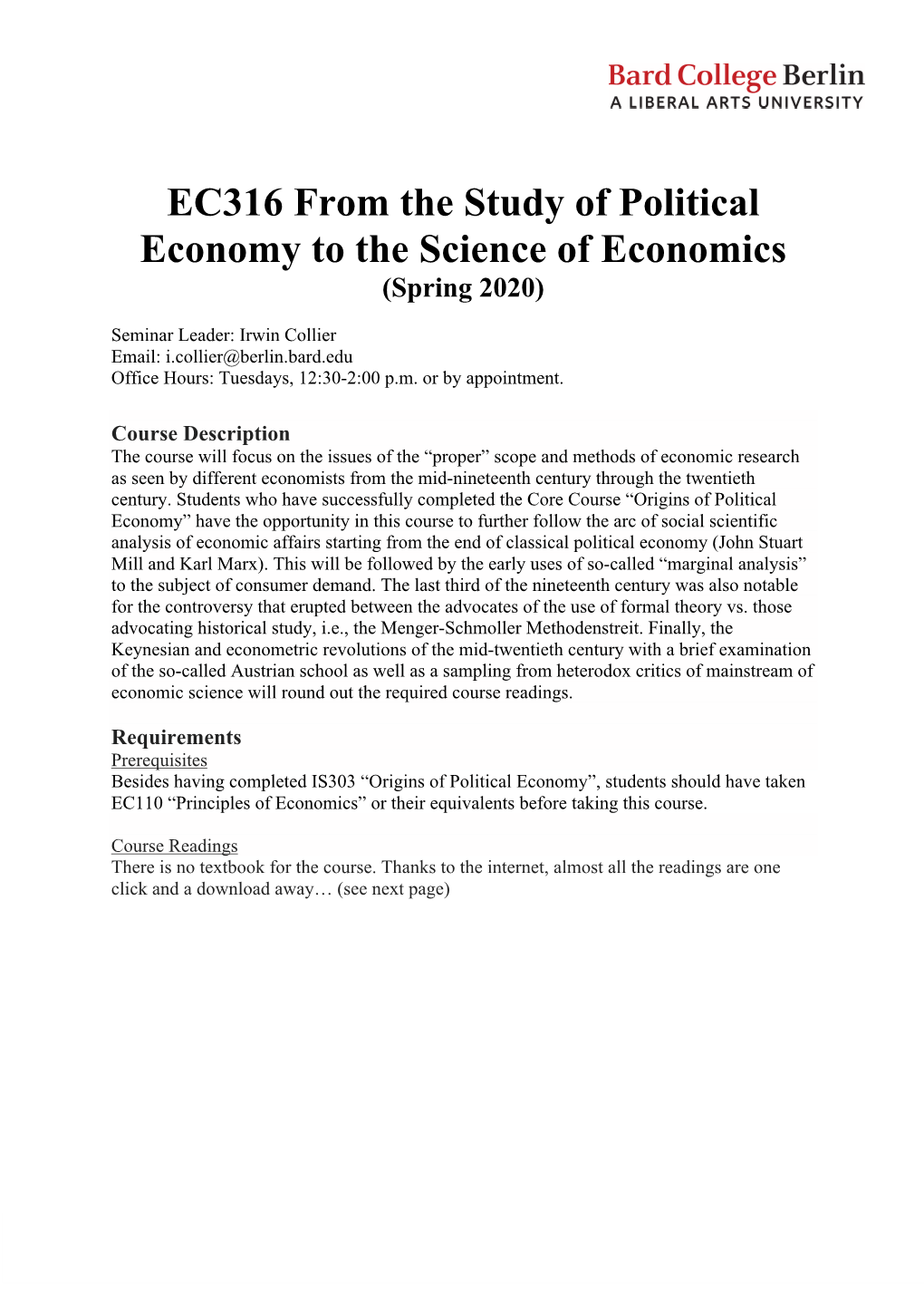 EC316 from the Study of Political Economy to the Science of Economics (Spring 2020)