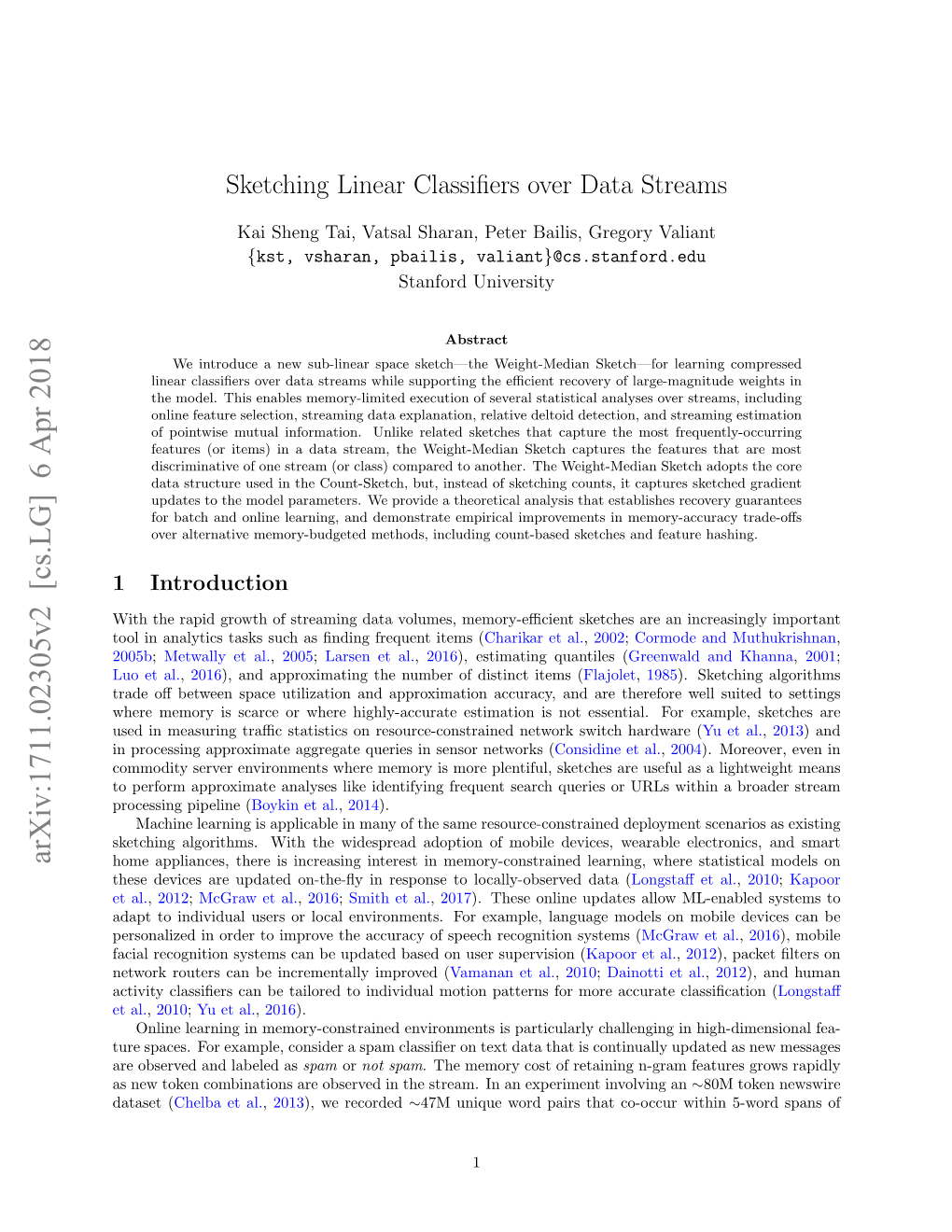 Sketching Linear Classifiers Over Data Streams