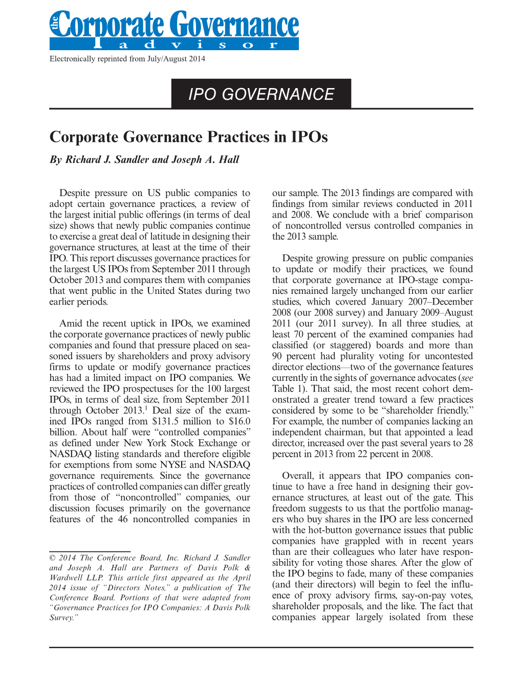 Corporate Governance Practices in Ipos by Richard J