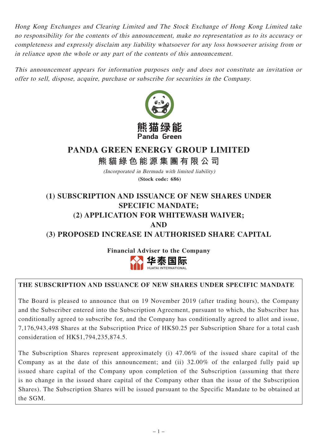 PANDA GREEN ENERGY GROUP LIMITED 熊貓綠色能源集團有限公司 (Incorporated in Bermuda with Limited Liability) (Stock Code: 686)