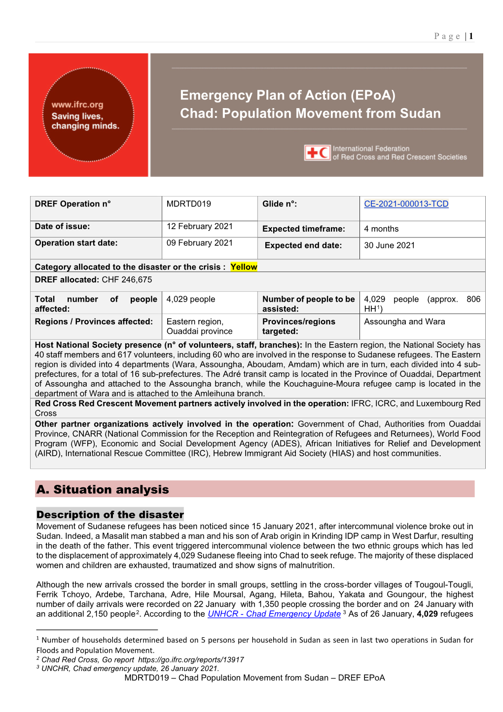 Emergency Plan of Action (Epoa) Chad: Population Movement from Sudan