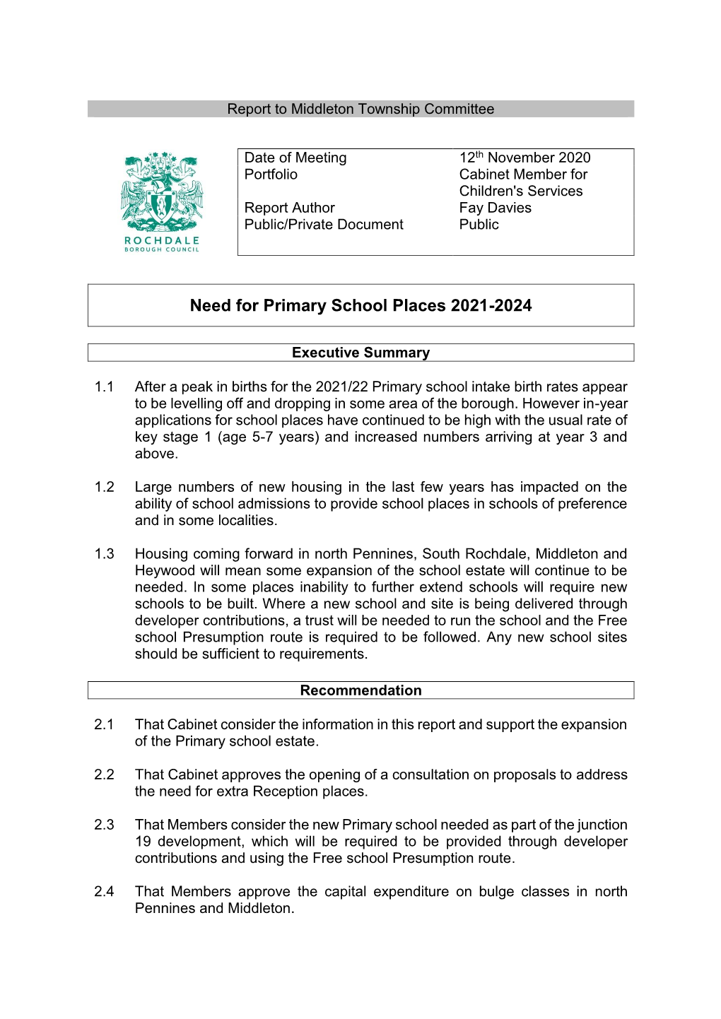 Need for Primary School Places 2021-2024