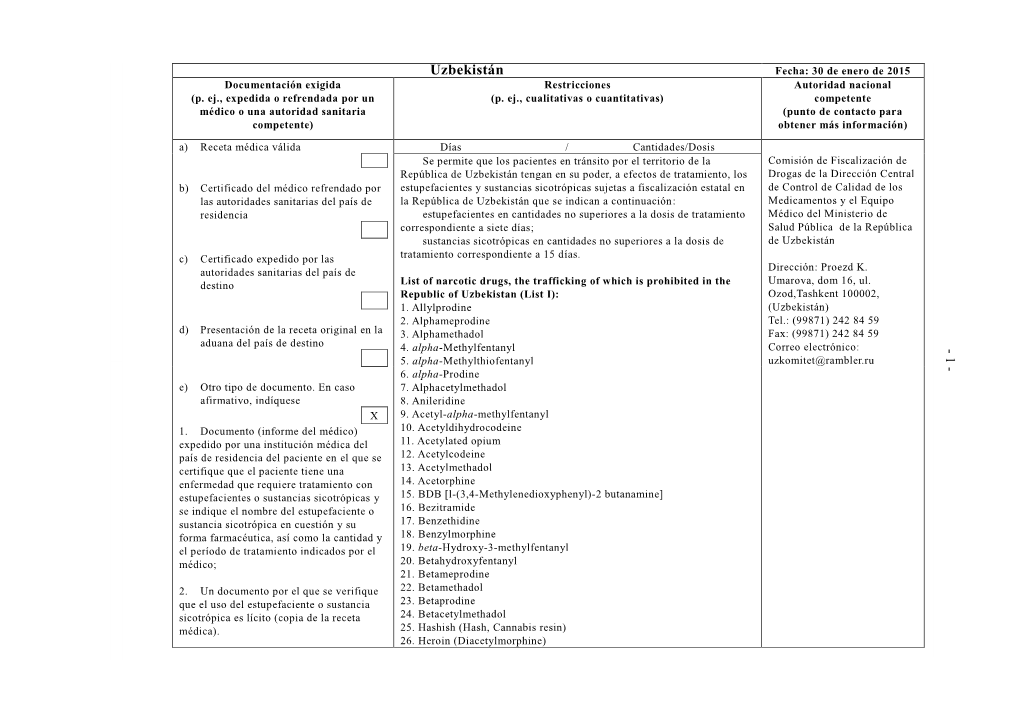 Uzbekistán Fecha: 30 De Enero De 2015 Documentación Exigida Restricciones Autoridad Nacional (P