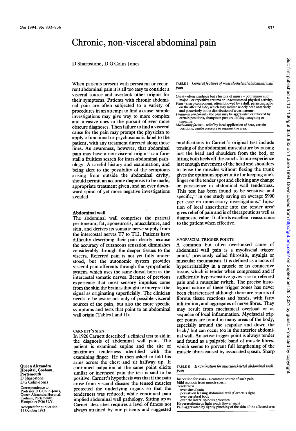 Chronic, Non-Visceral Abdominal Pain Gut: First Published As 10.1136/Gut.35.6.833 on 1 June 1994