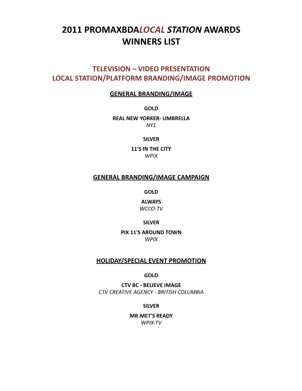 2011 Promaxbdalocal Station Awards Winners List