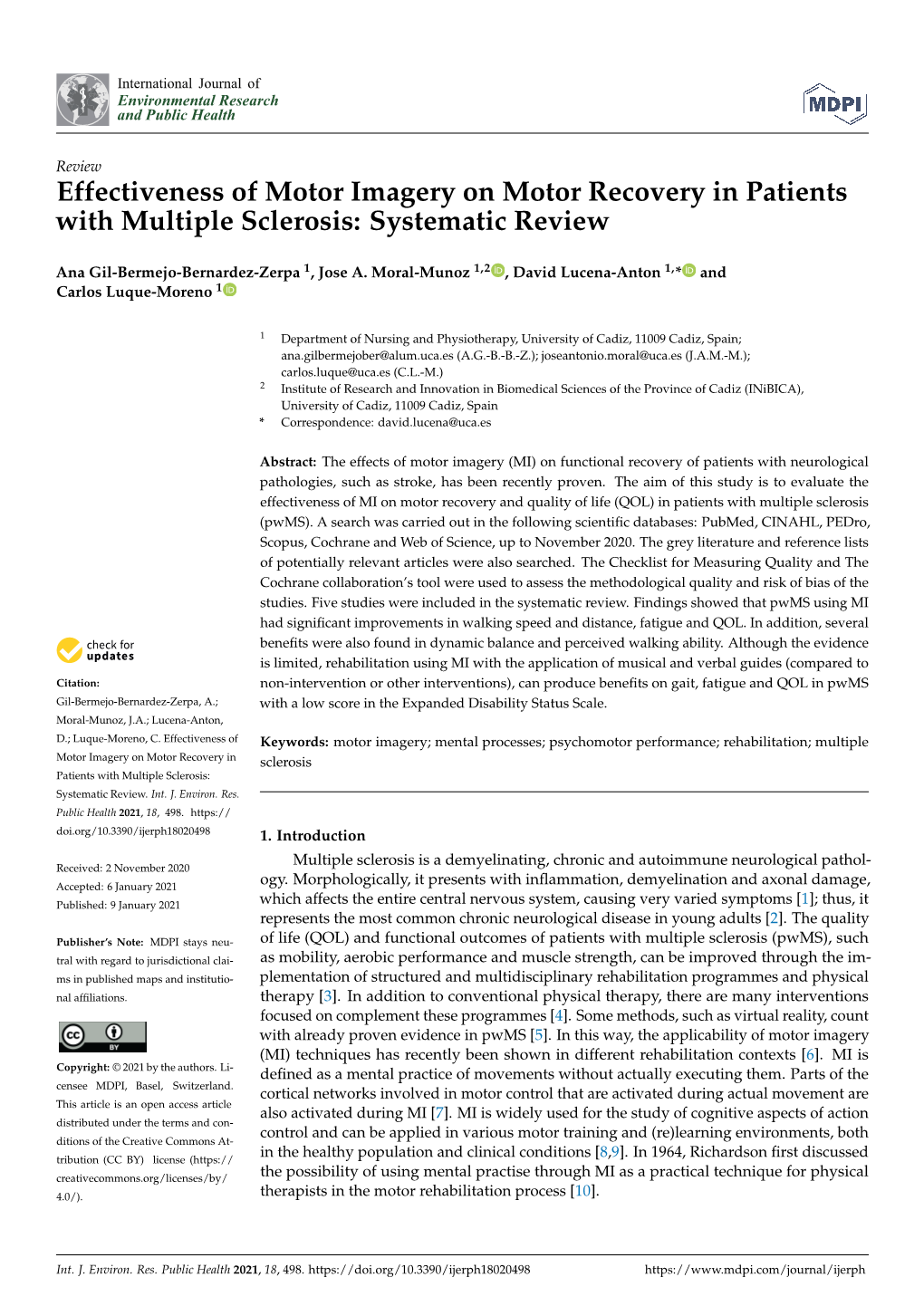 Effectiveness of Motor Imagery on Motor Recovery in Patients with Multiple Sclerosis: Systematic Review
