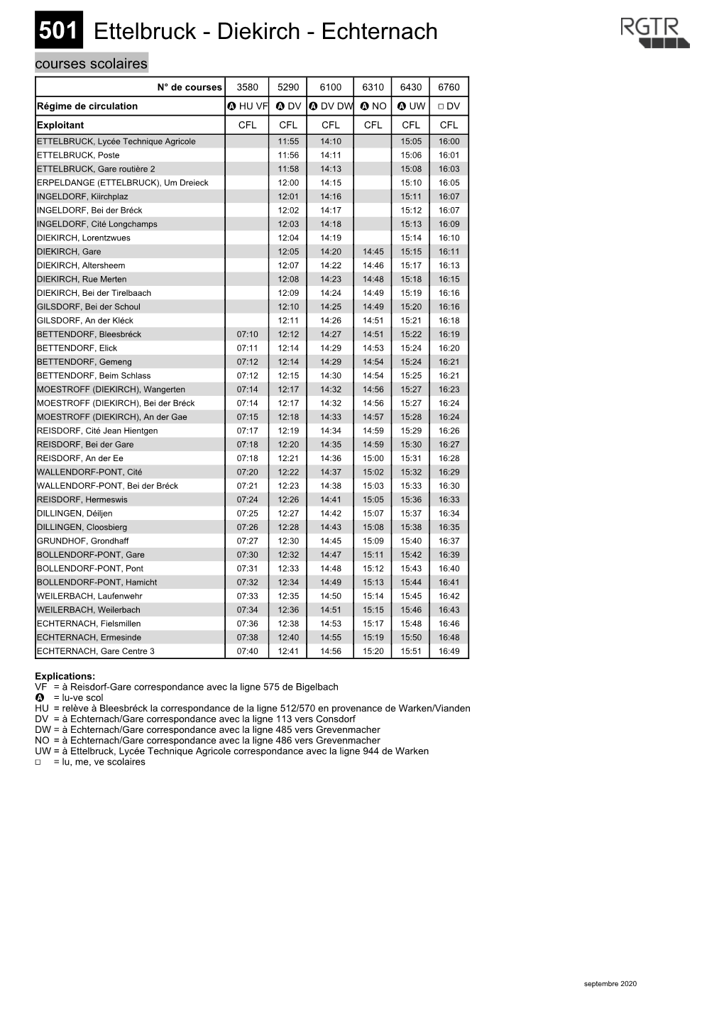 501 Ettelbruck - Diekirch - Echternach Courses Scolaires