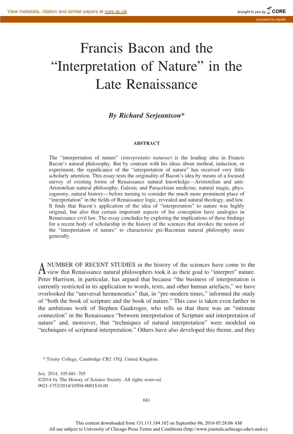 Francis Bacon and the “Interpretation of Nature” in the Late Renaissance