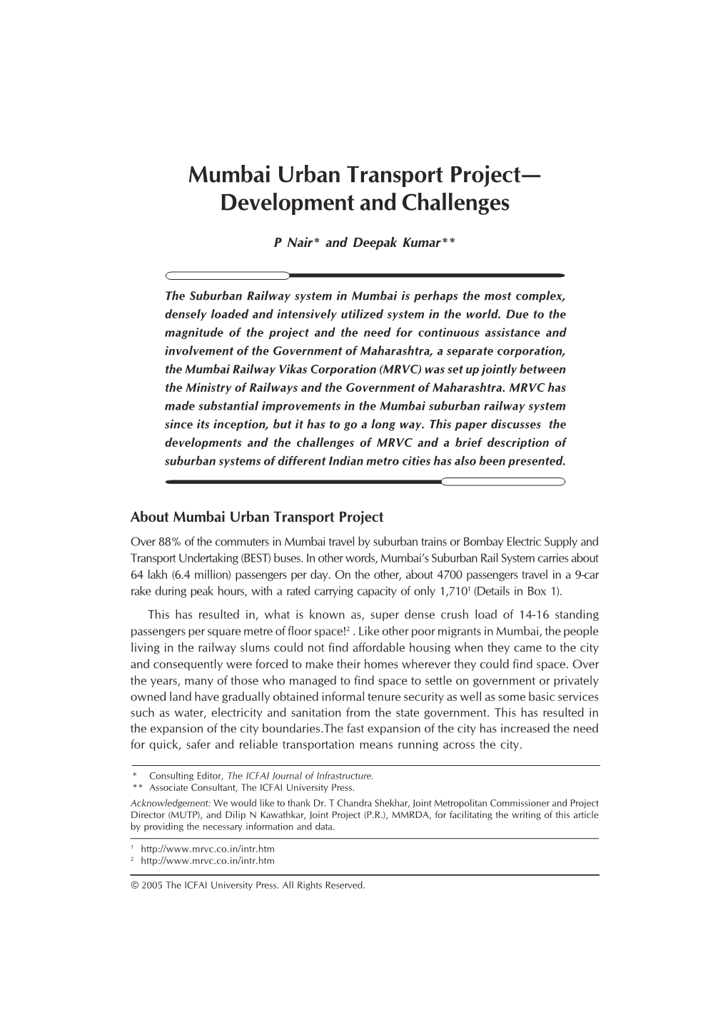 Mumbai Urban Transport Project— Development and Challenges