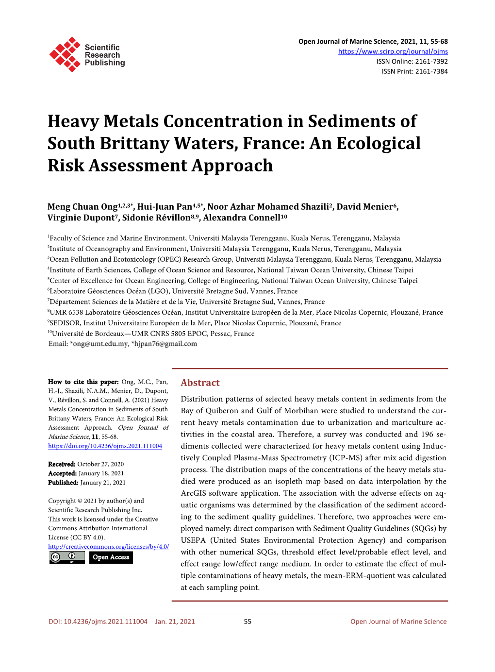 Heavy Metals Concentration in Sediments of South Brittany Waters, France: an Ecological Risk Assessment Approach