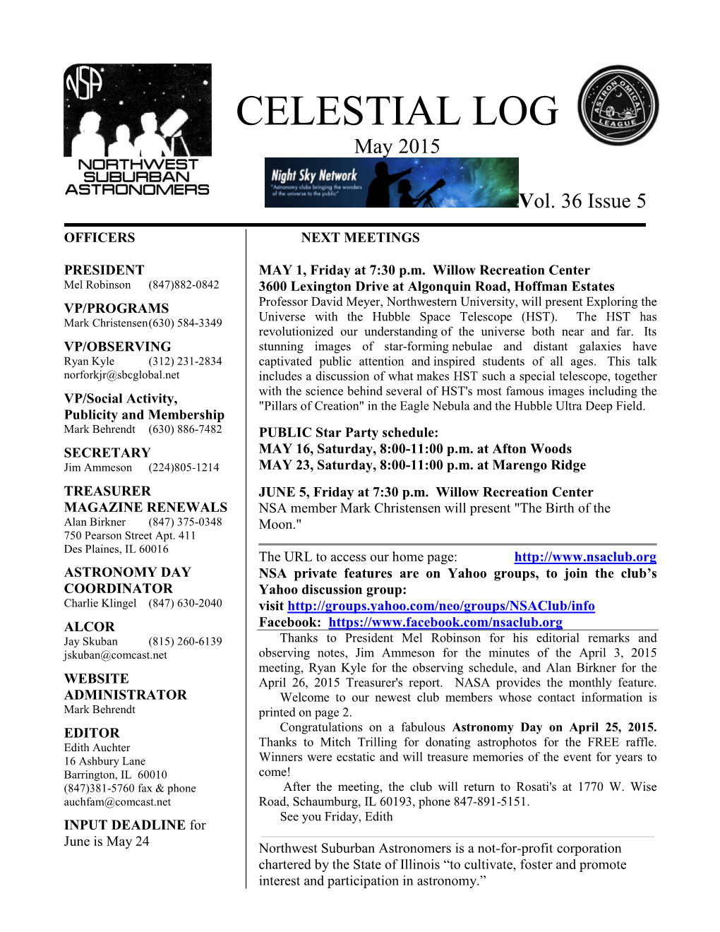 CELESTIAL LOG May 2015