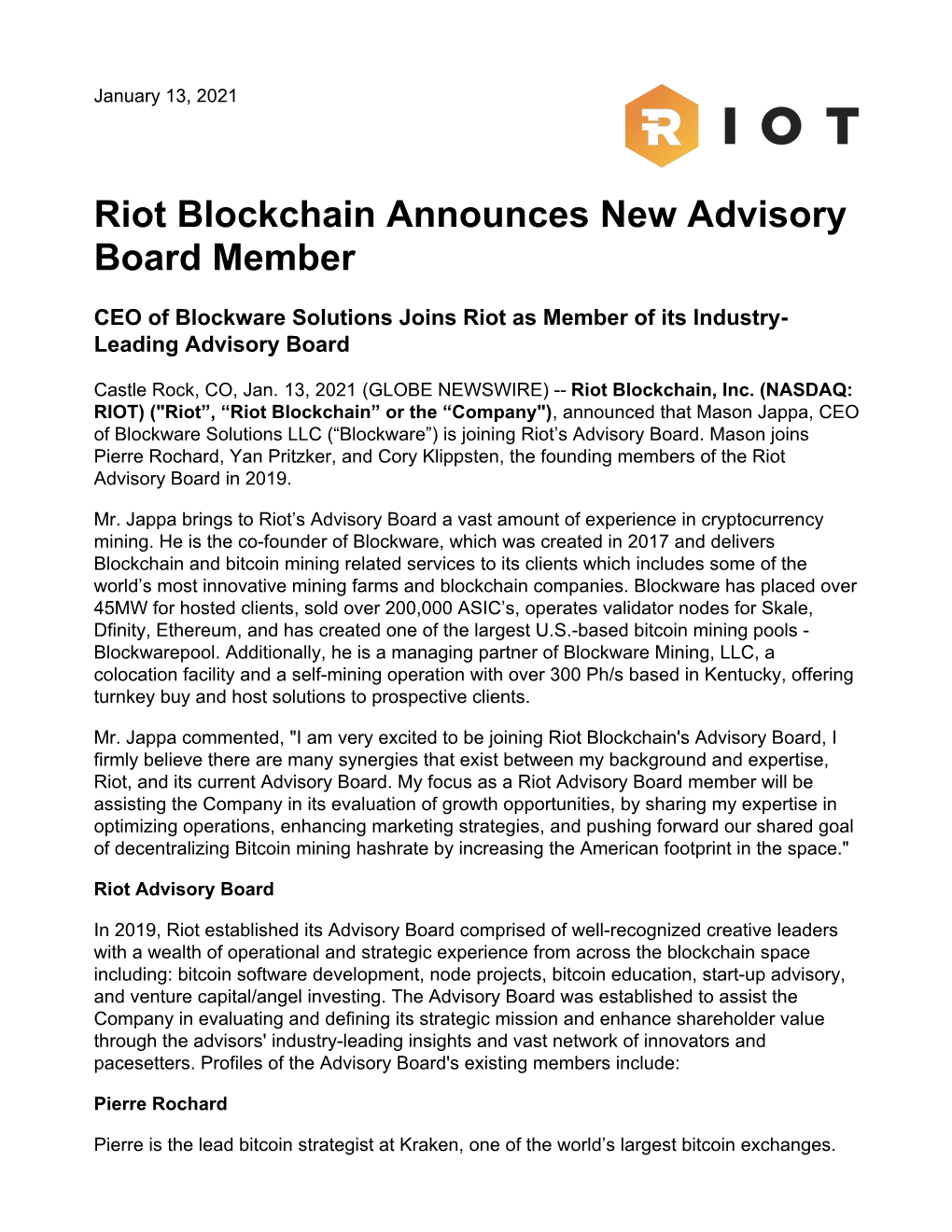 Riot Blockchain Announces New Advisory Board Member