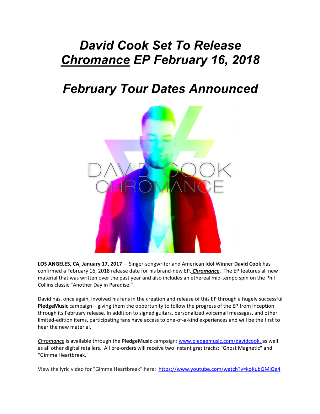 David Cook Set to Release Chromance EP February 16, 2018