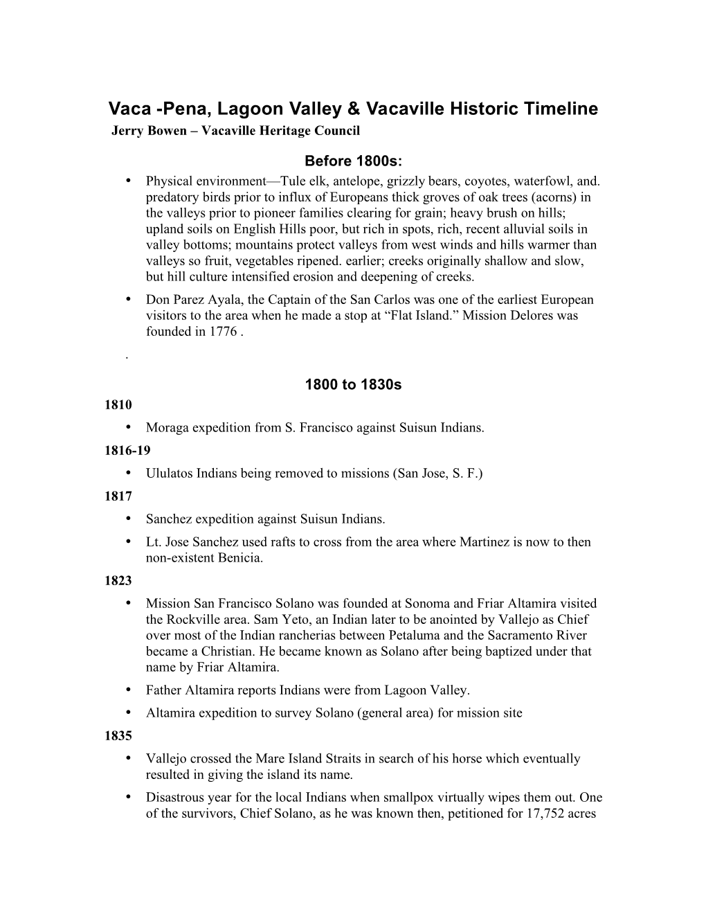 Vaca -Pena, Lagoon Valley & Vacaville Historic Timeline