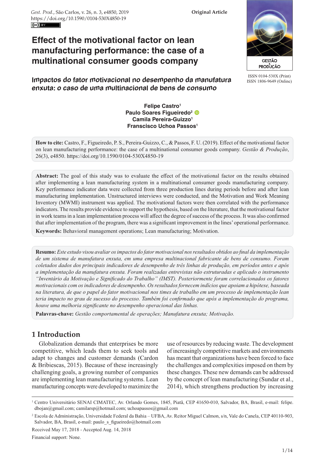 Effect of the Motivational Factor on Lean Manufacturing Performance: the Case of a Multinational Consumer Goods Company